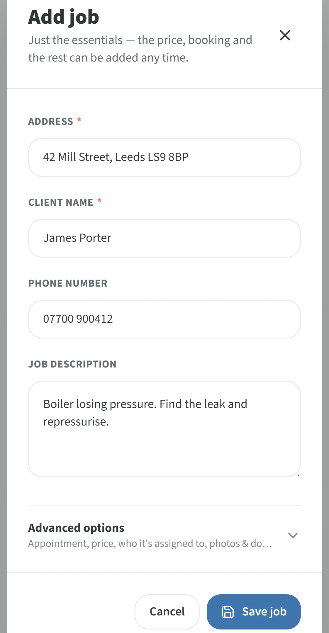 The Add job form filled in for James Porter at 42 Mill Street, Leeds, with Save job highlighted