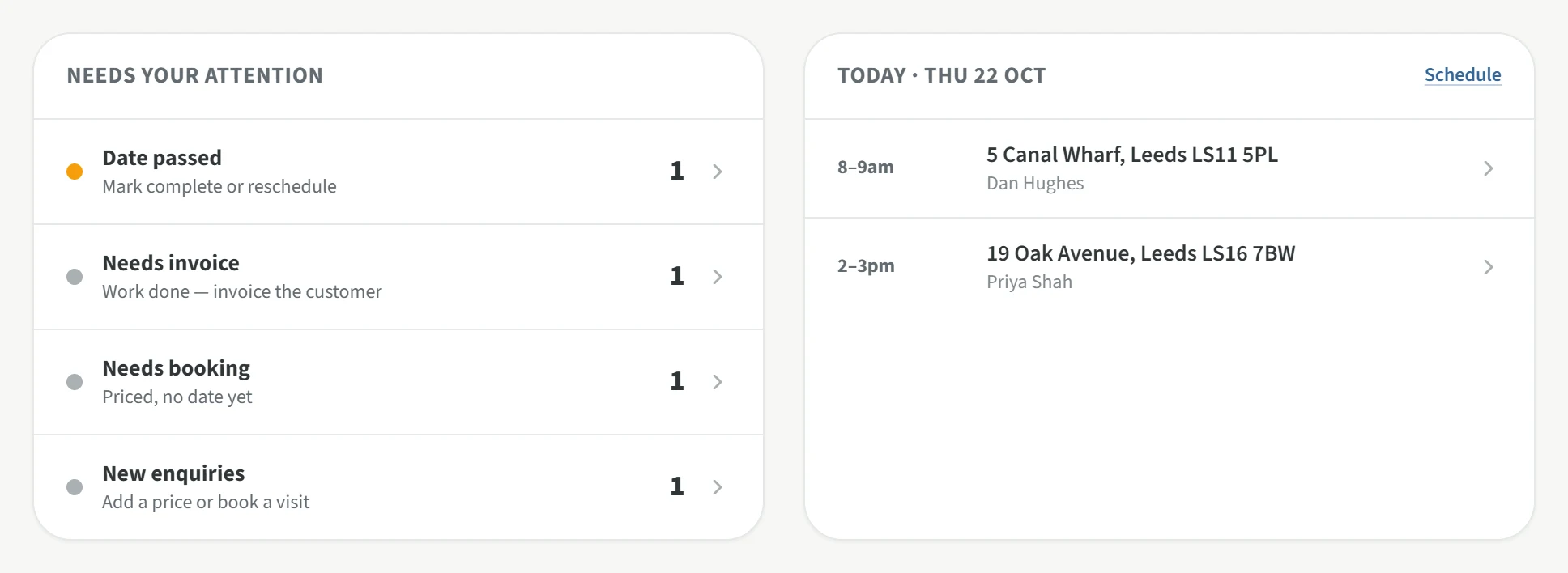 The Simply Trade dashboard, showing jobs that need attention and today's bookings